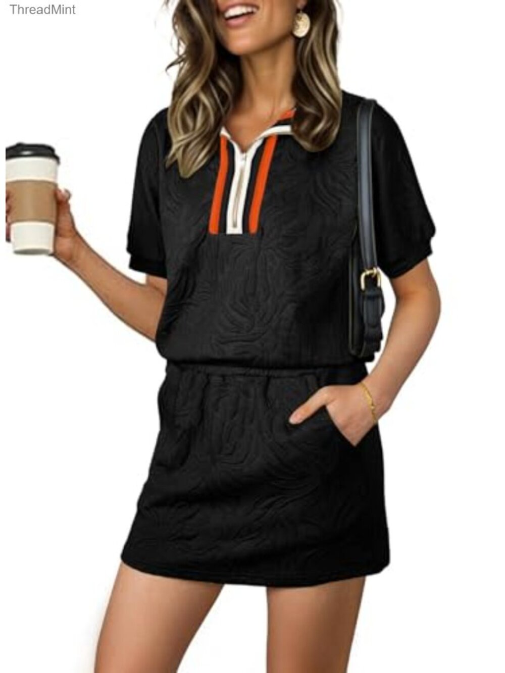 Women's 2 Piece Skirt Set Half Zip Top Mini Skort Drawstring Waist Pockets